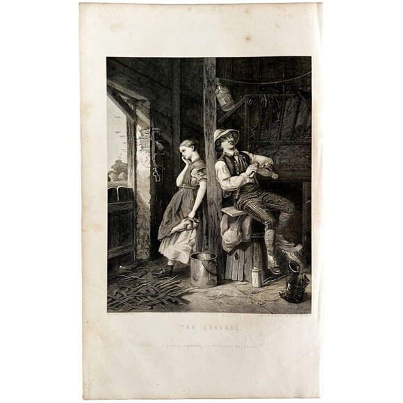 Lovers Quarrel Engraving 1859 Victorian Farm Romance Horse Stable Art DWY5E - Picture 2 of 2